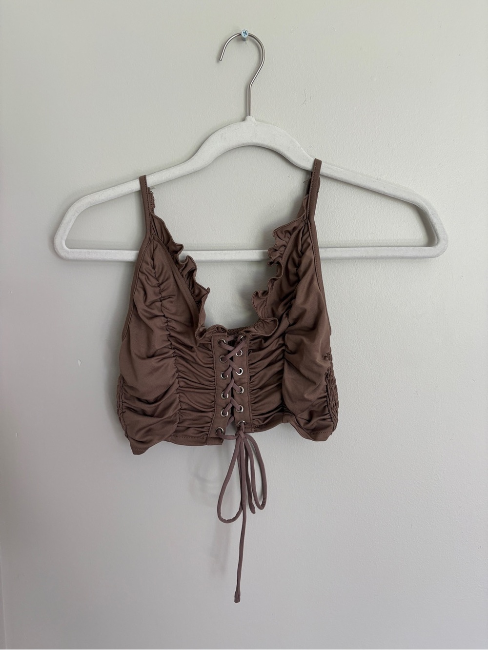 SHEIN Brown Smocked Lace-Up Crop Top